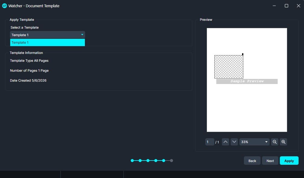 Dialog for applying a document template with a dropdown to select Template 1 and a preview pane on the right.