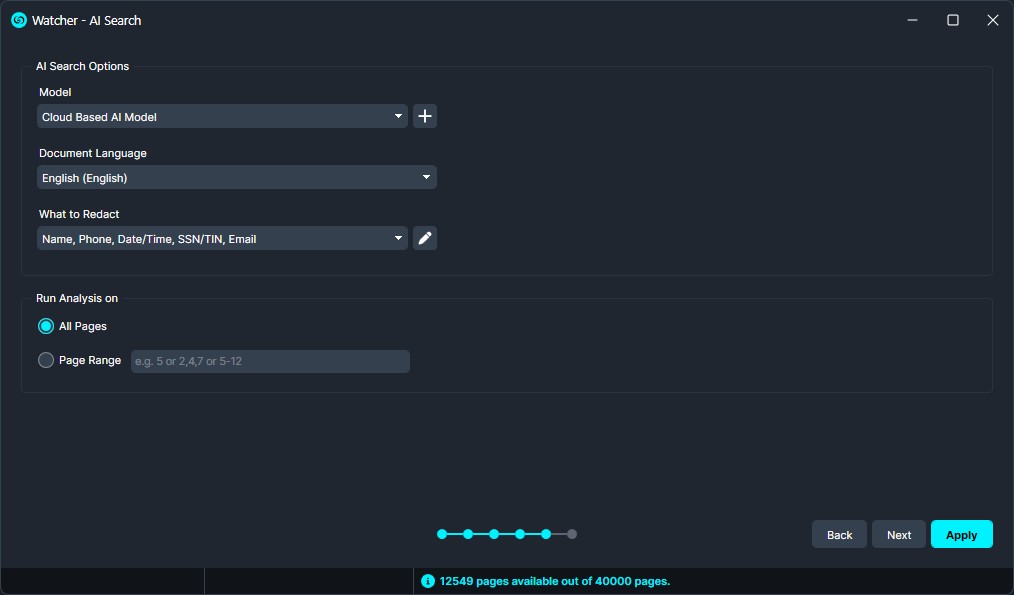 Watcher-AI-Search | CaseGuard AI Search options panel showing model, language, fields to redact (name, phone, date/time, SSN/TIN, email); run on all pages with navigation and a page-count footer.