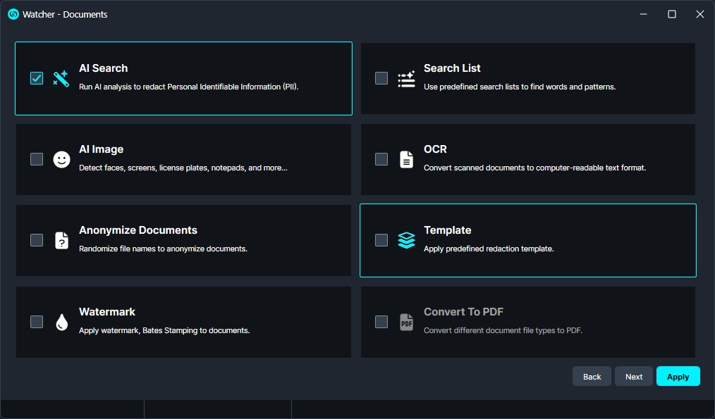 Dashboard of document tools with selectable AI Search option highlighted (AI features: AI Search, Template, Watermark, OCR, Anonymize, AI Image, Search List, Convert to PDF). Current selection highlights AI Search and Template panels.