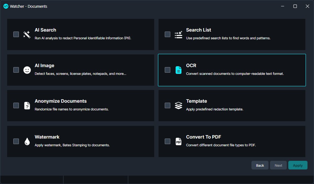 Dashboard of document tools with tiles for AI Search, OCR, AI Image, watermark, and PDF conversion.
