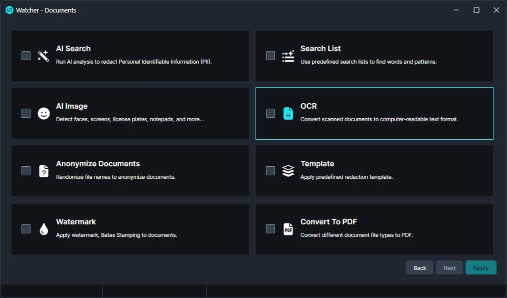 Dashboard of document tools with tiles for AI Search, OCR, AI Image, watermark, and PDF conversion.