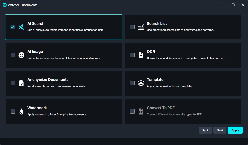 Watcher-Operation | CaseGuard Watcher Documents dashboard with AI Search selected; shows tiles for AI Search, Search List, AI Image, OCR, Anonymize Documents, Watermark, Template, Convert To PDF, plus Back, Next, Apply buttons.