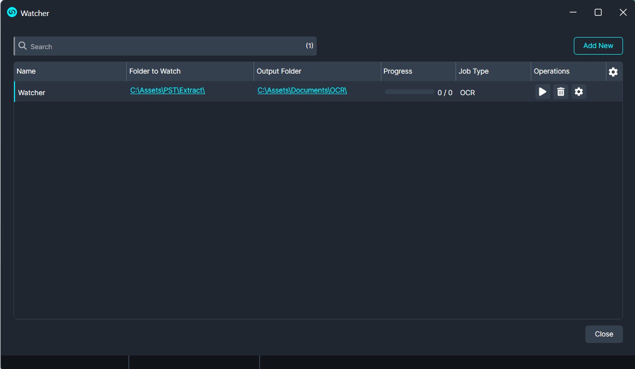Watcher app: a single OCR job named'Watcher' with monitored and output folders shown, progress 0/0, and Run/Delete/Settings controls (dark theme)