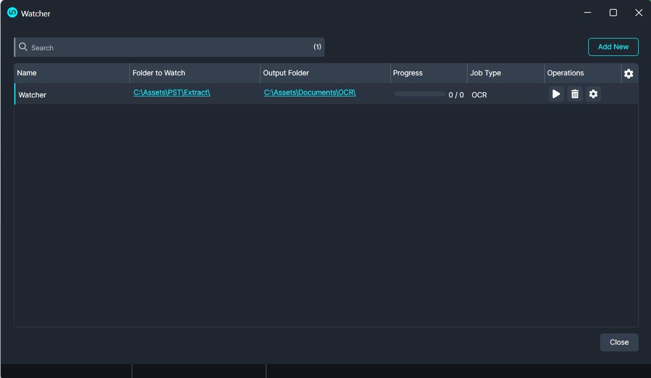 Watcher app: a single OCR job named 'Watcher' with monitored and output folders shown, progress 0/0, and Run/Delete/Settings controls (dark theme)