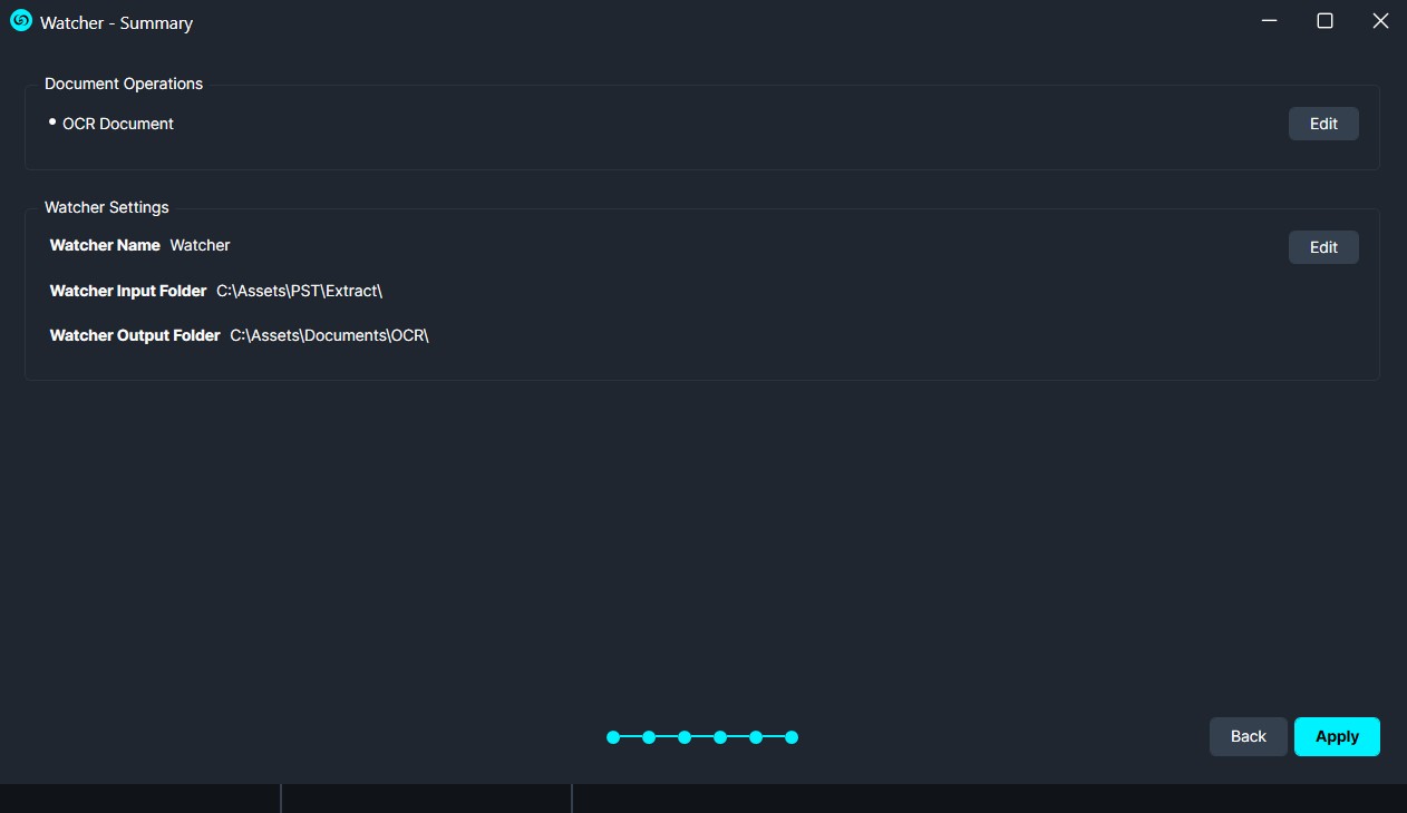 Watcher - Summary screen showing OCR Document operation and input/output folders with Edit and Apply options.