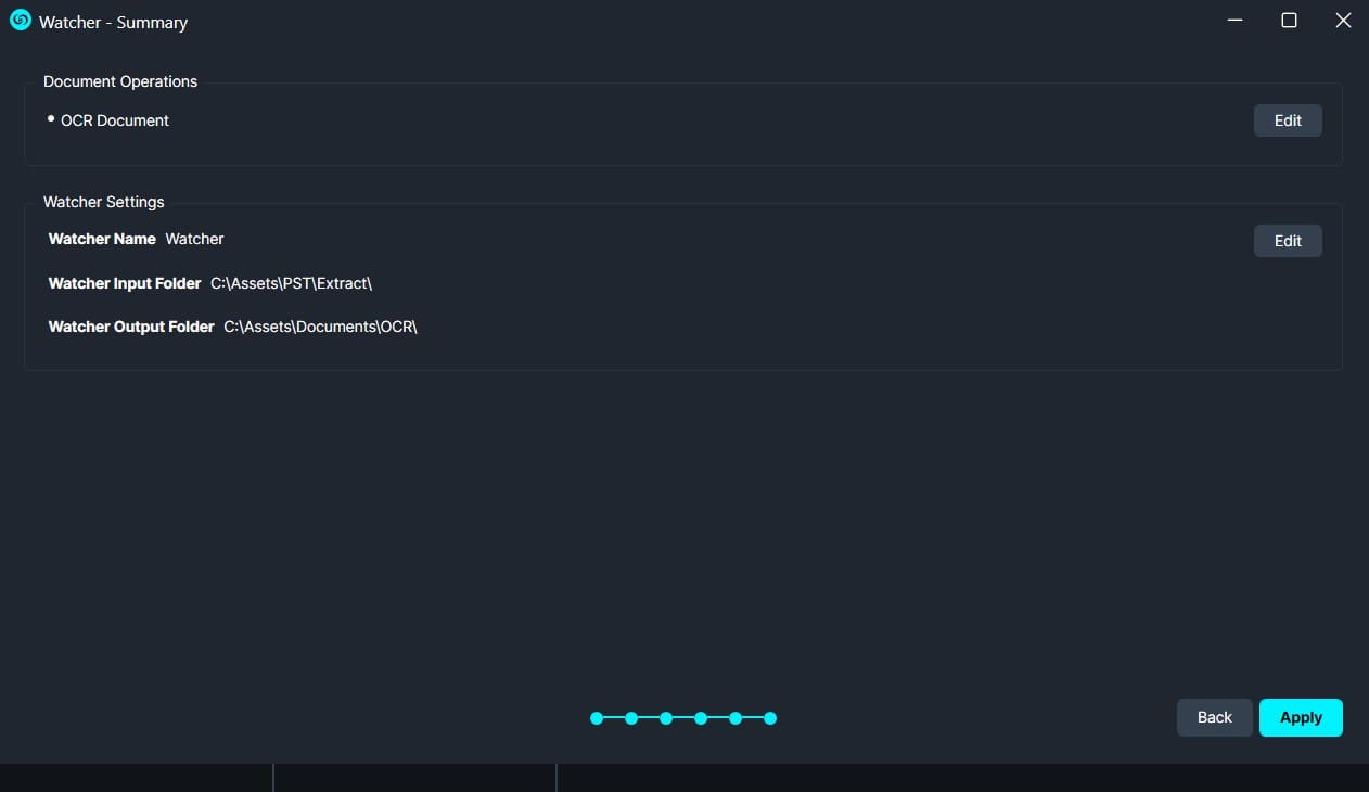 Watcher - Summary screen showing OCR Document operation and input/output folders with Edit and Apply options.