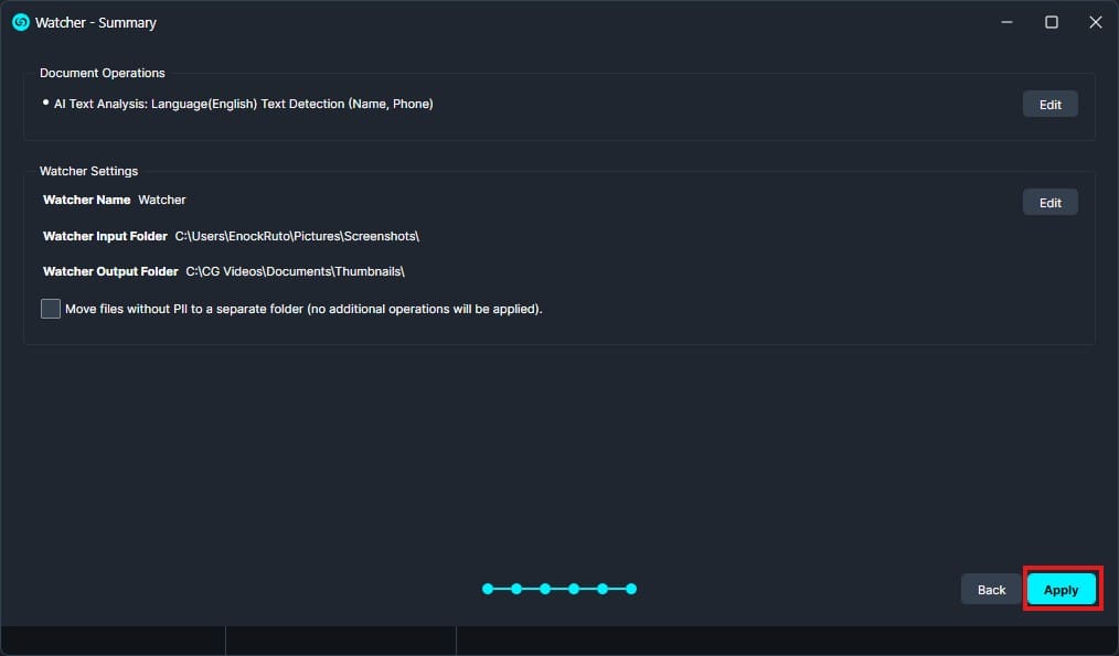 Screenshot of Watcher - Summary settings with AI Text Analysis for English PII (Name, Phone) and folder paths, plus Apply button highlighted.