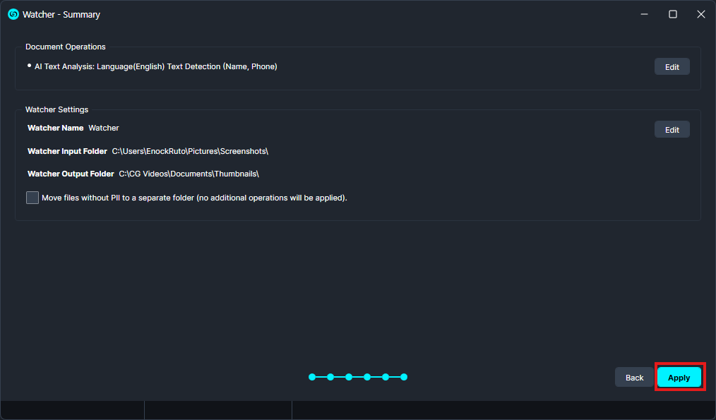 Watcher app: Summary window with Document Operations and Watcher Settings, Apply button highlighted.