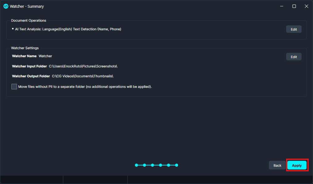 Watcher app: Summary window with Document Operations and Watcher Settings, Apply button highlighted.