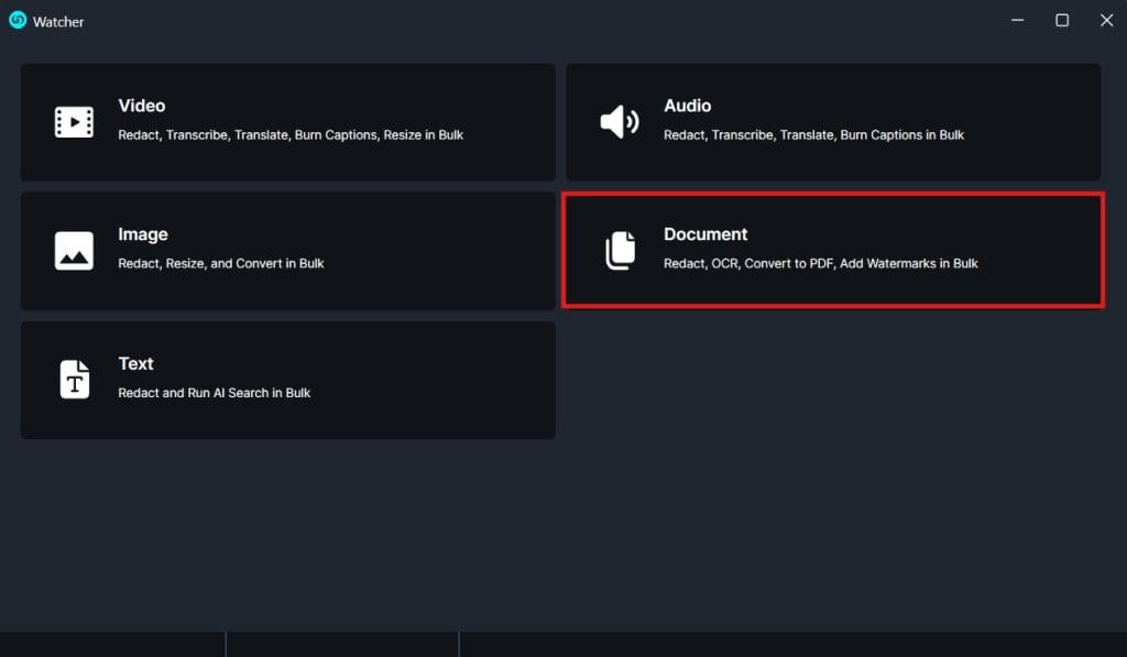 Dashboard with six options: Video, Audio, Image, Document (highlighted), Text; each tile shows an icon and a short description.