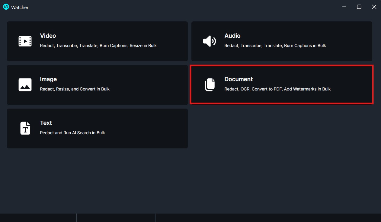Dashboard with six options: Video, Audio, Image, Document (highlighted), Text; each tile shows an icon and a short description.