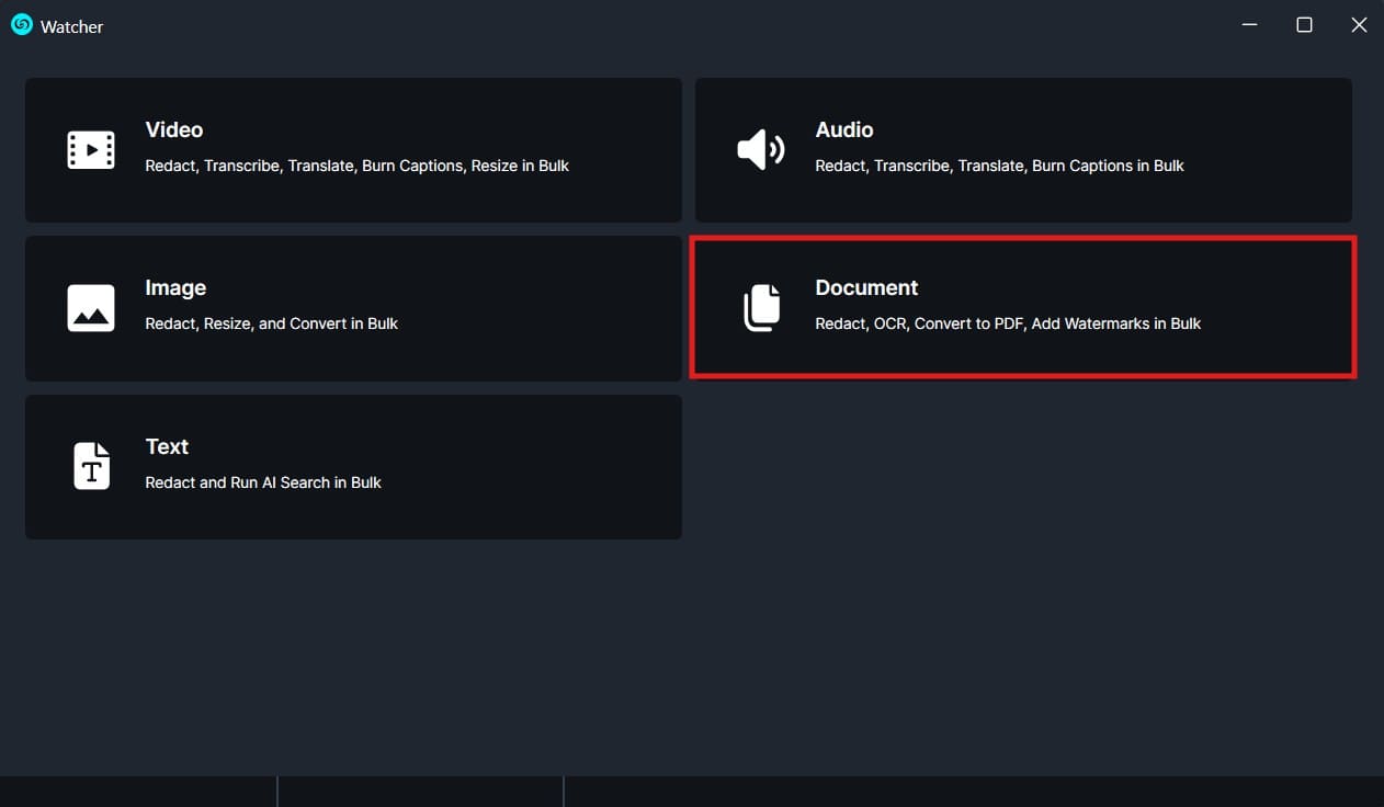 Dashboard with six options: Video, Audio, Image, Document (highlighted), Text; each tile shows an icon and a short description.