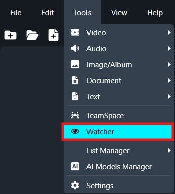 Dropdown menu under View listing options: Video, Audio, Image/Album, Document, Text, TeamSpace, Watcher (highlighted), List Manager, AI Models Manager, Settings.