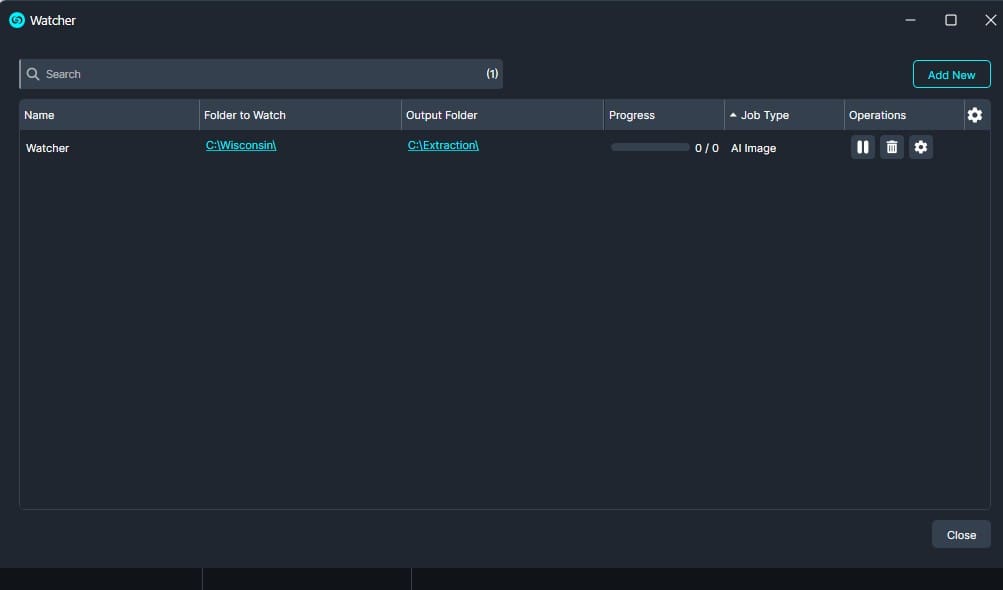 Dark theme application window showing a Watcher task with folders to monitor and output, progress at 0/0, and actions on the right.