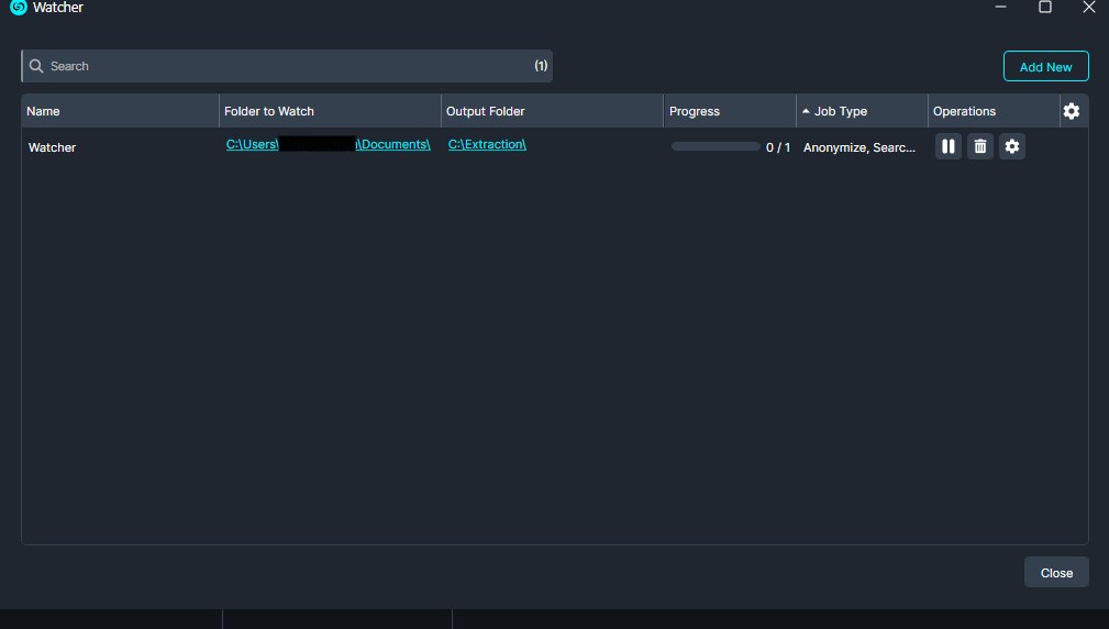 Dark UI titled Watcher showing a task list with a single task named 'Watcher', folders to watch and output, progress 0/1, and action buttons.