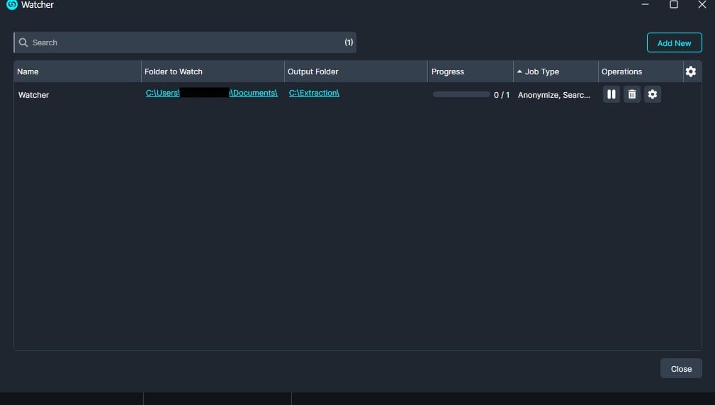 Dark UI titled Watcher showing a task list with a single task named 'Watcher', folders to watch and output, progress 0/1, and action buttons.