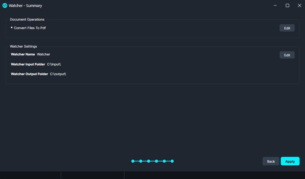 Screenshot of a 'Watcher - Summary' settings page showing Document Operations with 'Convert Files To Pdf' and an Edit button, plus Watcher Settings details (Name, Input Folder C:Input, Output Folder C:Output) and navigation buttons at bottom.