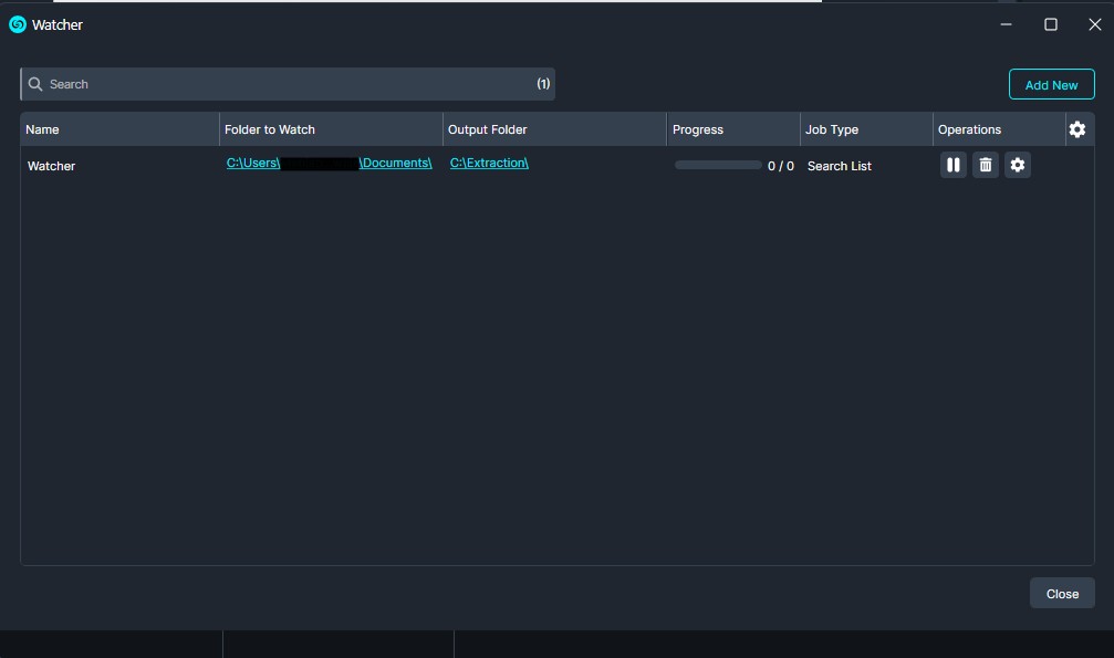 Screenshot of the Watcher app with a dark UI showing one watch job named 'Watcher'; shows folders to watch, an output folder, a 0% progress bar, and operation icons in the rightmost column.