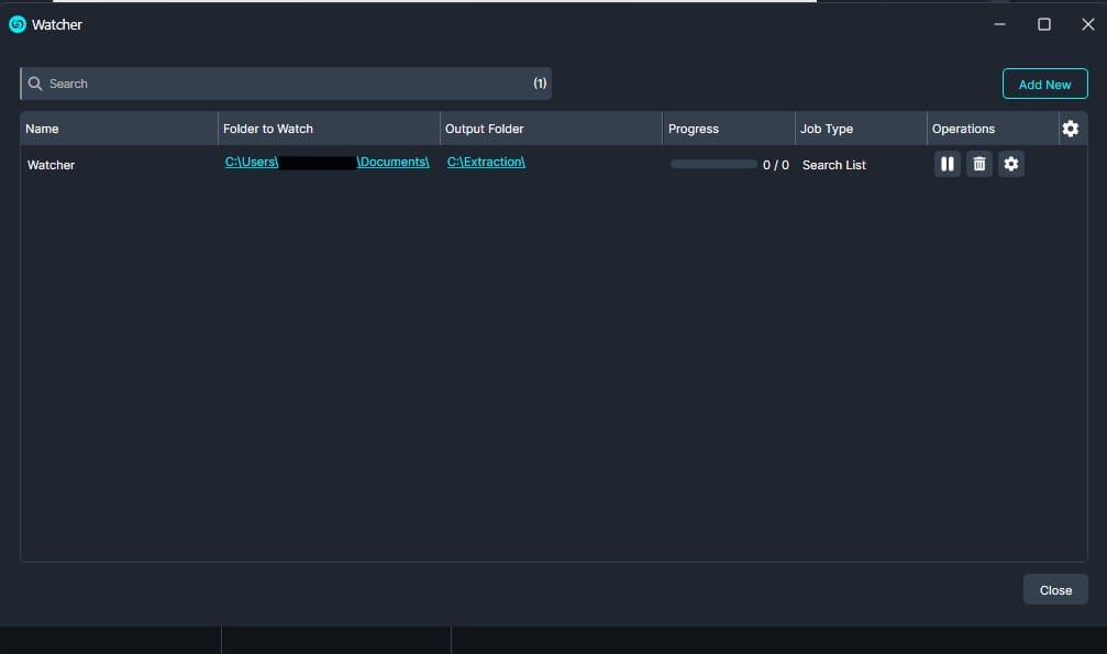 Screenshot of the Watcher app with a dark UI showing one watch job named 'Watcher'; shows folders to watch, an output folder, a 0% progress bar, and operation icons in the rightmost column.