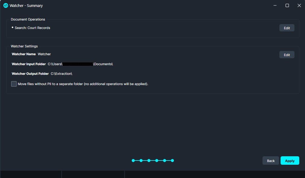 Settings screen of Watcher app showing document operations, watcher name, input and output folders, and an Apply button on a dark UI theme.