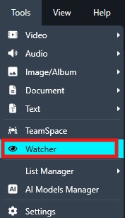 Vertical software menu with items like Video, Audio, Image/Album, Document, Text, TeamSpace, and Watcher (highlighted). Noting Watcher is selected with an eye icon beside it.