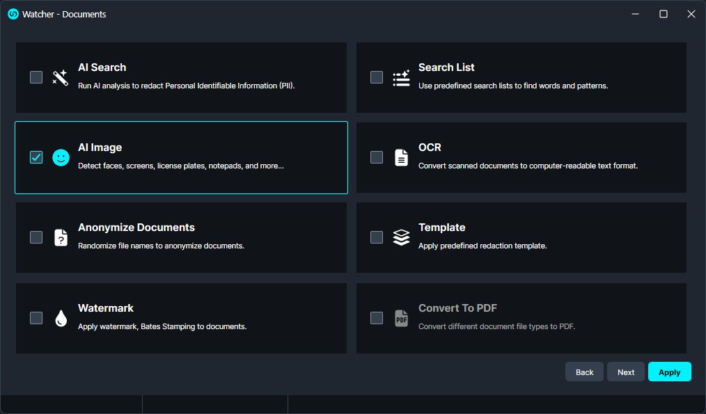 watcher-ai-image | CaseGuard Watcher Documents tool grid with AI Image selected (cyan outline). Other tiles: AI Search, Search List, OCR, Anonymize Documents, Template, Watermark, Convert To PDF.