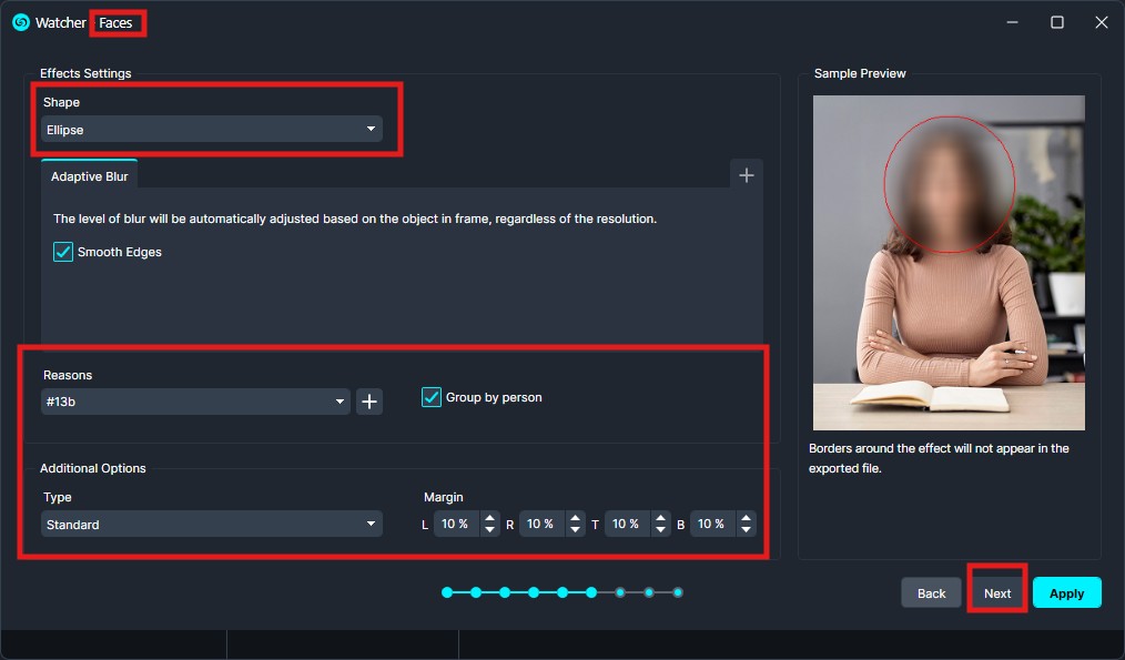 watcher-faces | CaseGuard Screenshot of a photo editor's Faces blur settings: shape set to Ellipse, reasons tag #13b with 'Group by person' enabled; sample preview shows a blurred person; Next button highlighted.
