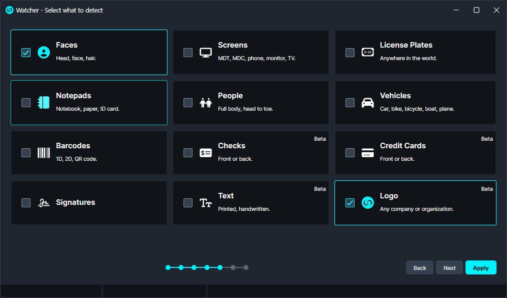 watcher-objects | CaseGuard Software screen for choosing what to detect; a grid of categories (Faces, Screens, License Plates, Notepads, People, Vehicles, Barcodes, Checks, Credit Cards, Signatures, Text, Logo); Faces and Logo are selected.