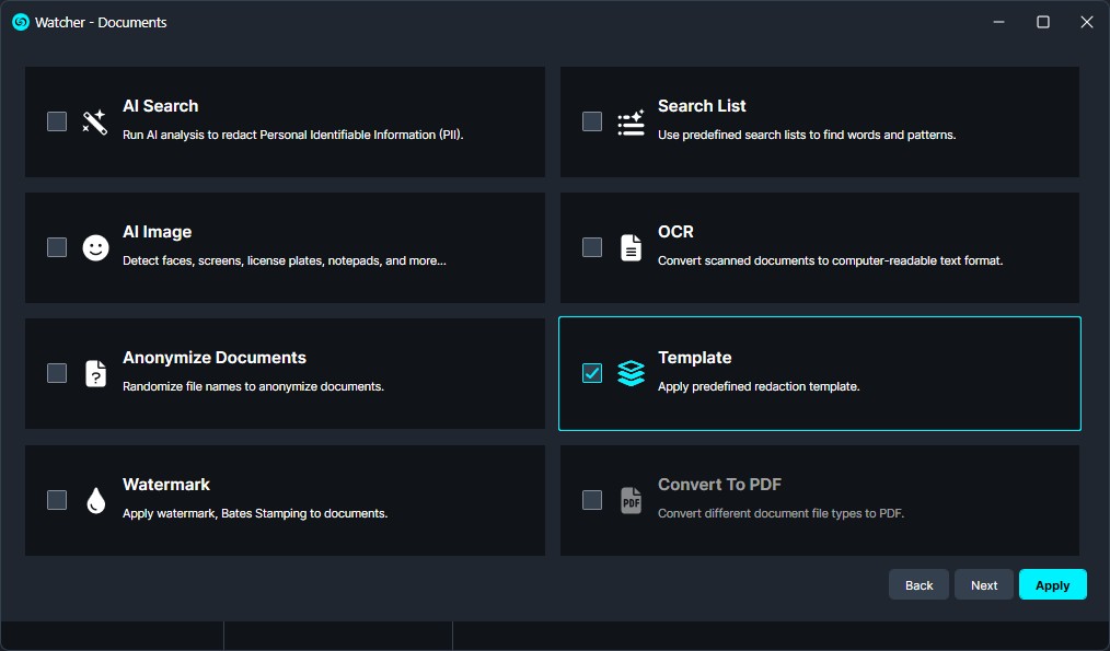Watcher Documents dashboard showing action tiles: AI Search, AI Image, OCR, Anonymize, Watermark, Template selected, and Convert to PDF options with navigation buttons