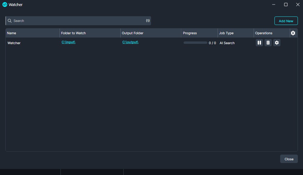 watcher-text-analysis | CaseGuard Dark UI window titled Watcher showing one watch task with folders C:Input and C:Output and a 0/0 progress bar