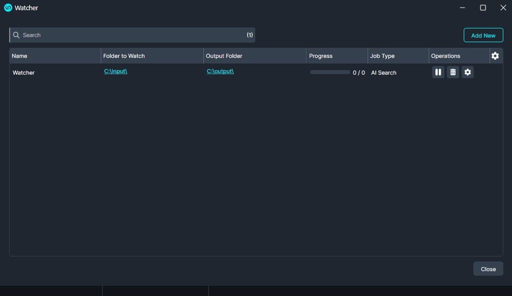Dark UI window titled Watcher showing one watch task with folders C:Input and C:Output and a 0/0 progress bar