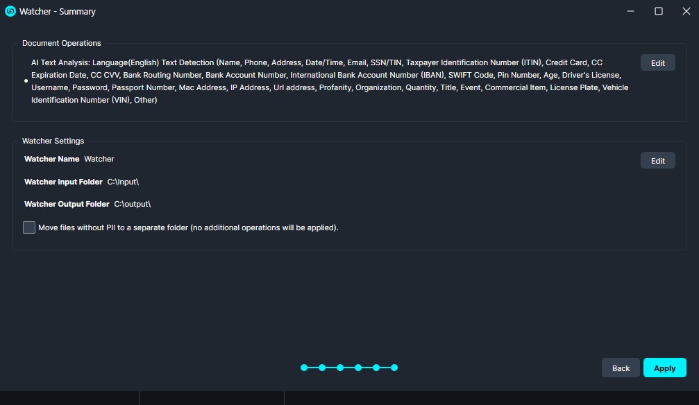watcher-text-analysis | CaseGuard Settings screen for Watcher: Document Operations and Watcher Settings panels with Edit buttons and a Move files if needed option.