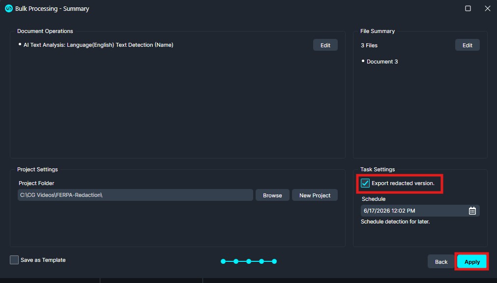 Bulk Processing - Summary screen showing AI Text Analysis options, file list, project folder path, and Export redacted version checkbox with Apply highlighted in the lower-right corner.