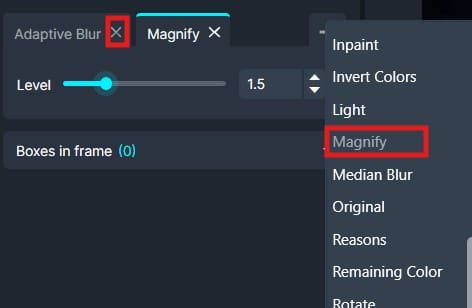 Screenshot of an image editor UI showing an effects dropdown with Magnify highlighted; controls include a Level slider (set around 1.5) and a 'Boxes in frame' indicator (0).