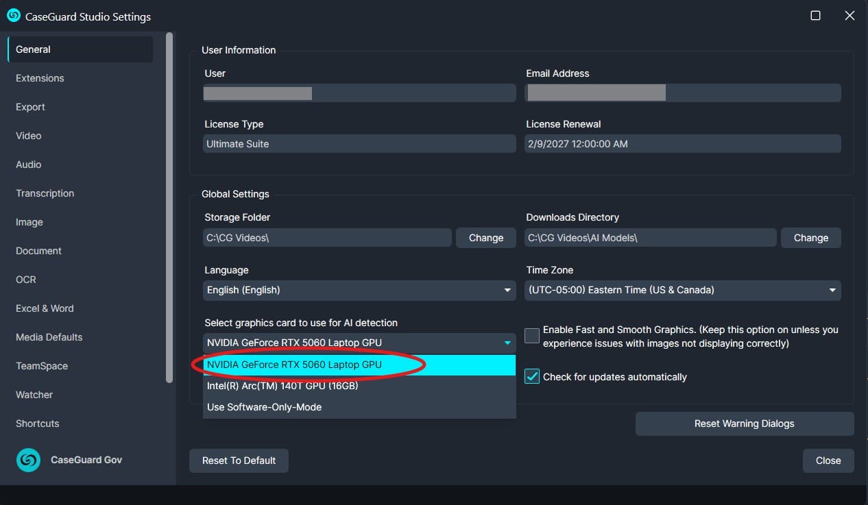 CaseGuard Studio Settings window showing General menu and a GPU dropdown with NVIDIA GeForce RTX 5060 Laptop GPU selected/highlighted circled.