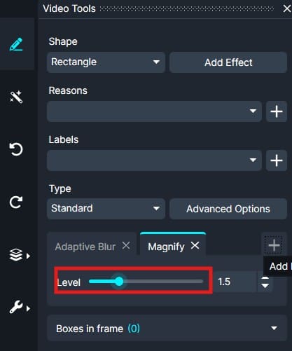Video editing tool: Magnify effect settings with a Rectangle shape, Level slider set near 1.5, and tabs for Adaptive Blur and Magnify visible on a dark UI.