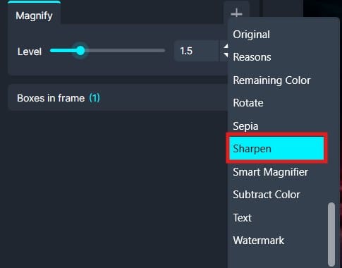 Photo editing UI with a Sharpen filter selected; level slider set to 1.5 and 'Boxes in frame (1)' visible.