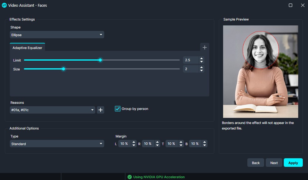 Screenshot of Video Assistant – Faces settings: ellipse shape, adaptive equalizer, face size/limit sliders, group by person, sample preview with a circled face. (UI panel)