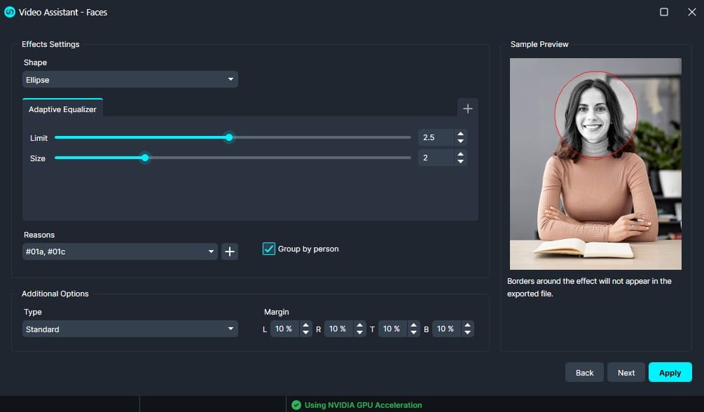 Screenshot of Video Assistant – Faces settings: ellipse shape, adaptive equalizer, face size/limit sliders, group by person, sample preview with a circled face. (UI panel)
