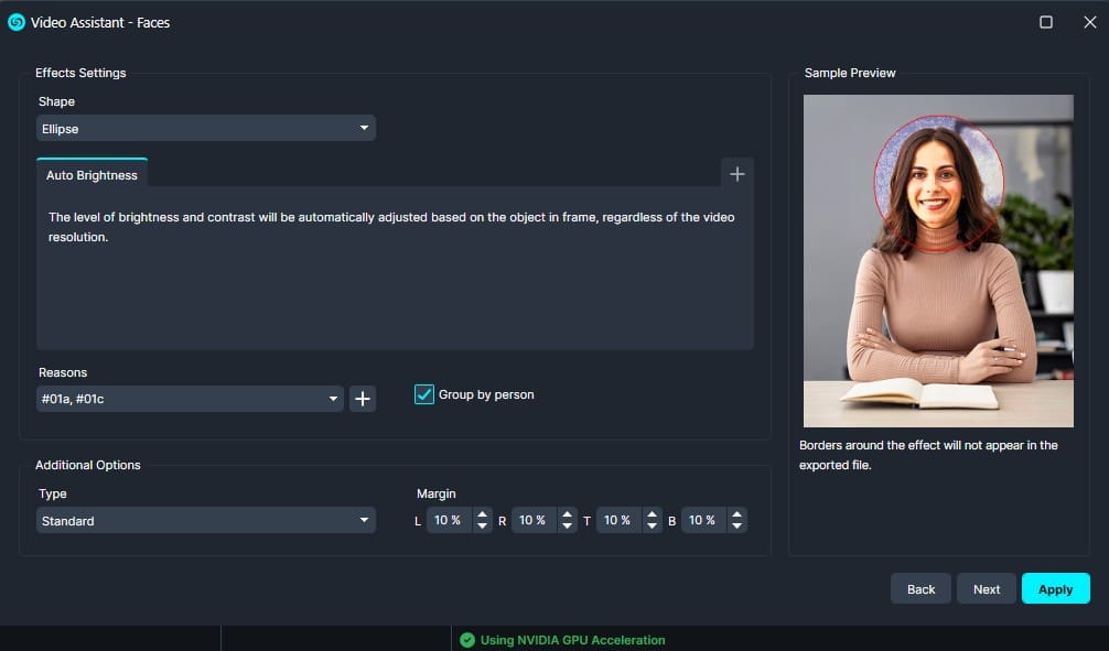 Screenshot of Video Assistant - Faces interface with a woman's face outlined by an ellipse for face detection in the sample preview.