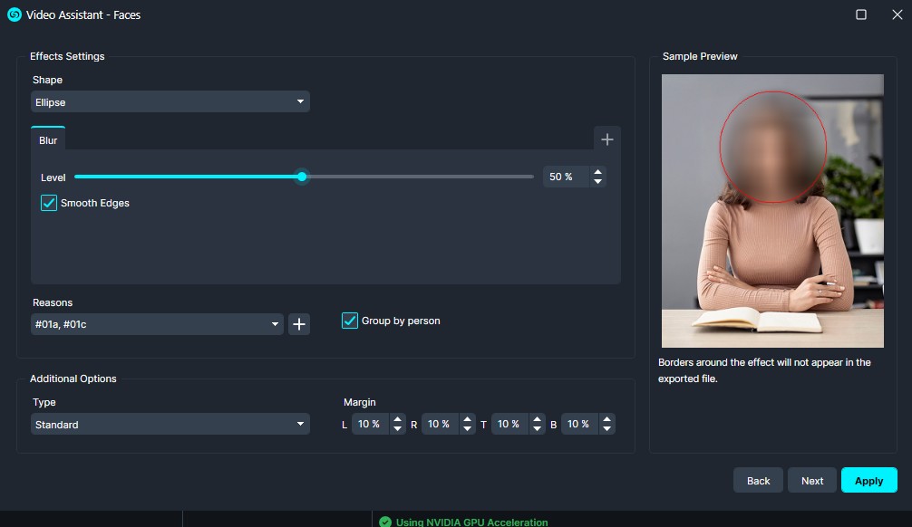 Face blur settings panel showing ellipse shape, 50% level, smooth edges, and group-by-person option with a sample preview of a blurred face.