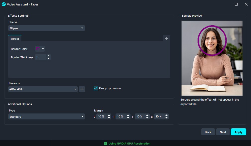 Settings panel for Video Assistant – Faces; an ellipse border around the person’s face in the sample preview.