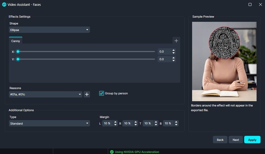 Video Assistant – Faces settings: ellipse shape selected, position sliders at 0,0, reasons filter chosen, sample preview shows circular mask over the person’s face, Apply button visible at bottom right.