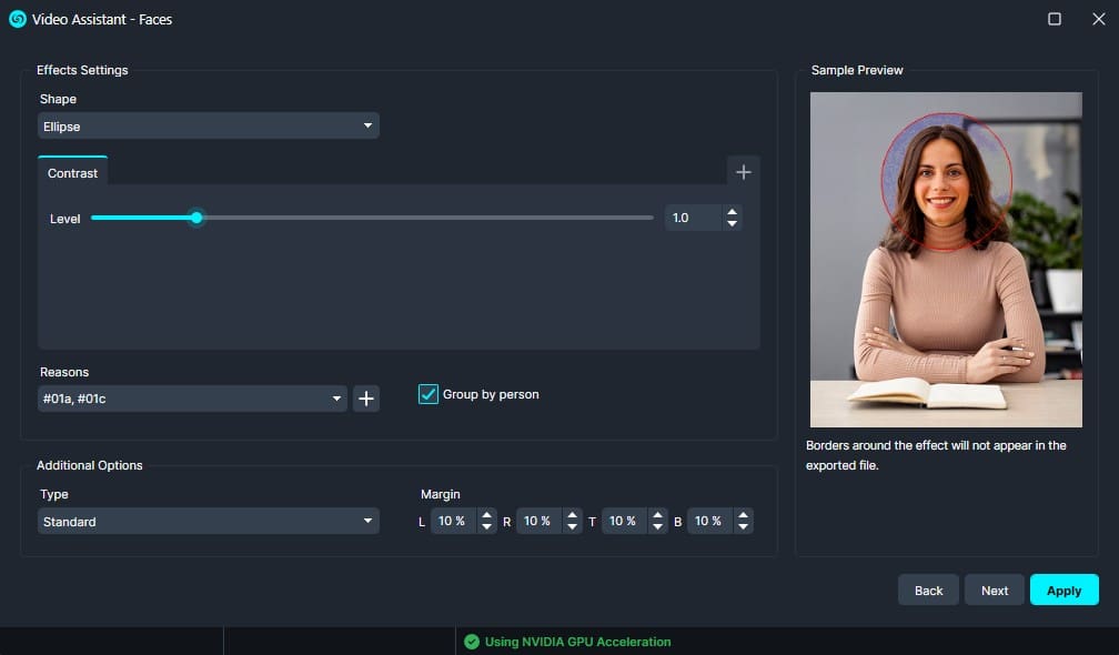 Screenshot of Video Assistant - Faces editing panel: Shape set to Ellipse with contrast 1.0; options for reasons, group by person checked; margins at 10%, type Standard; sample preview shows a woman with a red ellipse around her face.