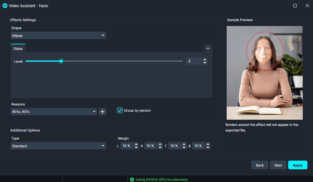 UI for Video Assistant - Faces: ellipse highlight with dilation level 3 around a person's face; sample preview shows a woman with a red circular outline around her face.