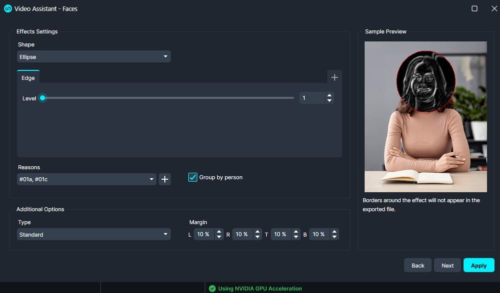 Video Assistant - Faces settings: Ellipse mask with edge level slider; reasons selector; 'Group by person' checked; additional options for margin; sample preview shows a person with a red ellipse around the face.