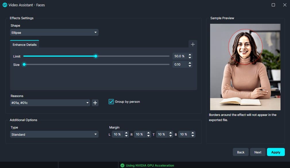 Video Editor UI for facial effects: ellipse highlight with Enhance Details sliders and a sample preview showing a woman with a red circular mask around her face.