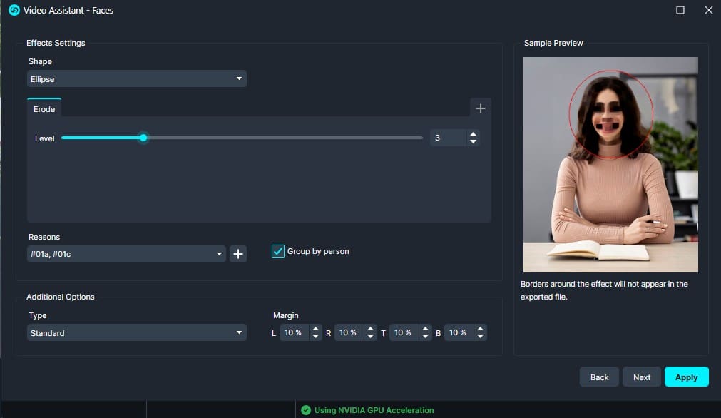UI panel for video face anonymization: shape ellipse with erosion level, reasons, and margin options; sample preview shows a woman’s face circled.