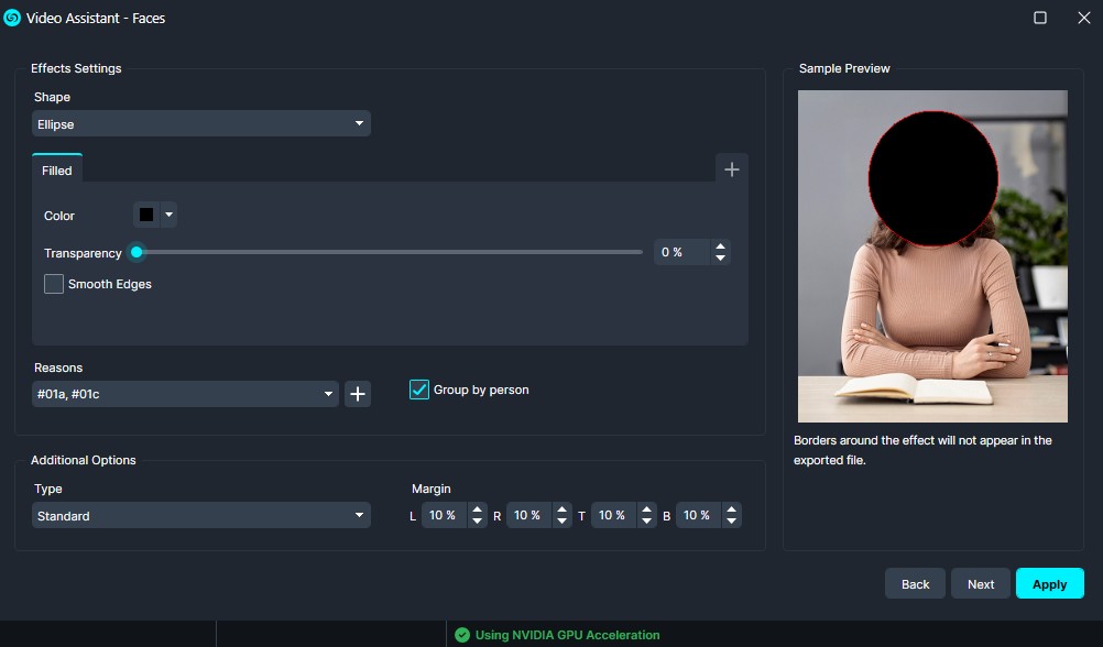 UI screenshot of Video Assistant - Faces settings (ellipse mask, filled) with a sample preview showing a black circular mask over a person’s face for privacy.