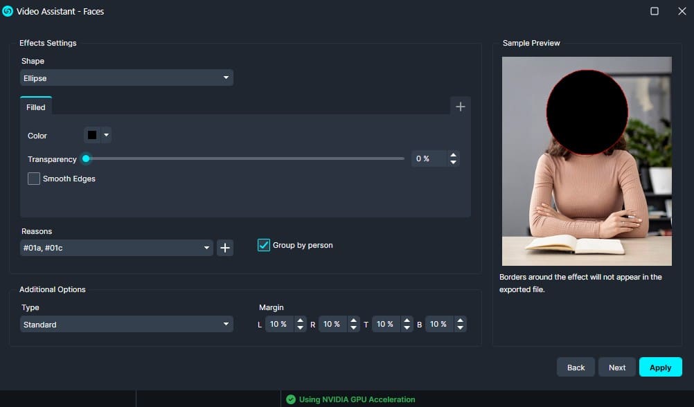 UI screenshot of Video Assistant - Faces settings (ellipse mask, filled) with a sample preview showing a black circular mask over a person’s face for privacy.